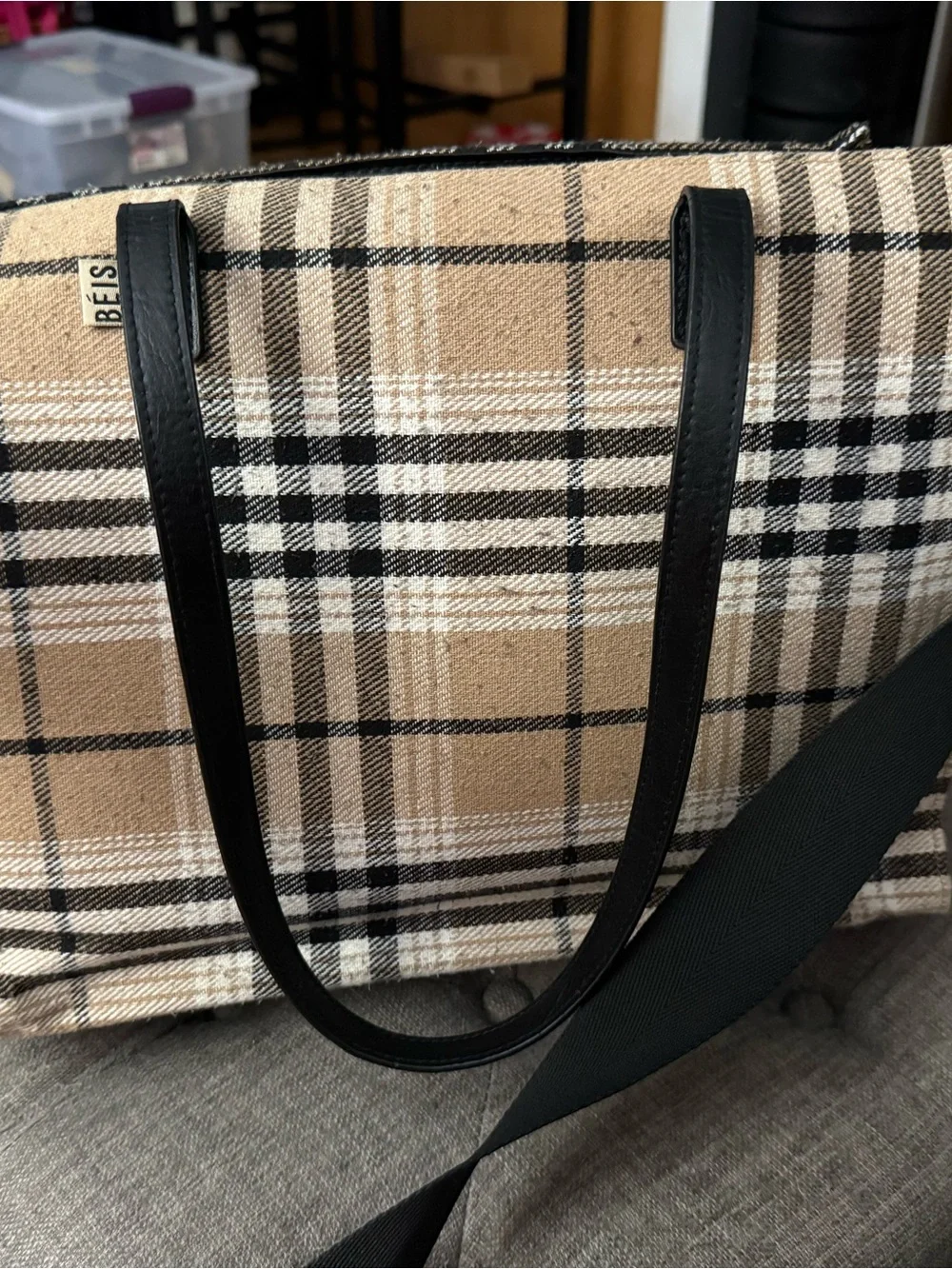 BEIS Plaid Tote with Black Leather Straps